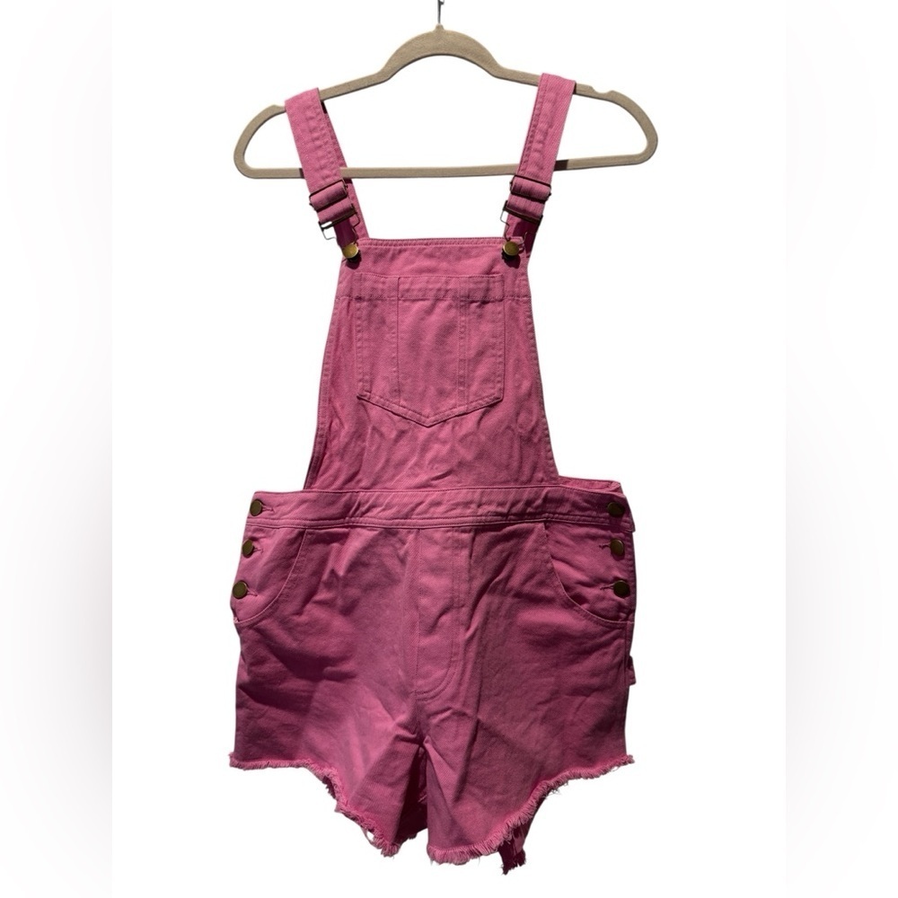 & MERCI Pink Denim Overalls Size M 100% Cotton Barbiecore Summer Trendy Raw Hem